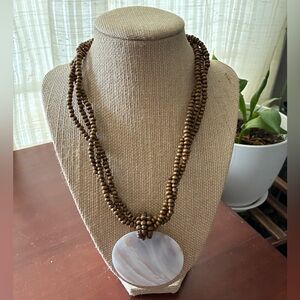 Brown Beaded Necklace with White Pendant